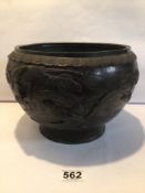 JAPANESE BRONZE PLANTER DECORATED WITH BIRDS AND TREES, 25CM DIAMETER