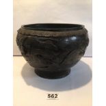 JAPANESE BRONZE PLANTER DECORATED WITH BIRDS AND TREES, 25CM DIAMETER