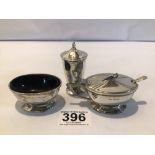 ART DECO HALLMARKED SILVER THREE PIECE CONDIMENT SET WITH SPOON BY DEAKIN AND FRANCIS