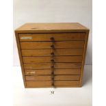 EIGHT DRAWER WOODEN COLLECTORS CHEST WITH COMPARTMENTS IN THE DRAWERS, 32CM