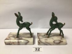 A PAIR OF SPELTER FAWNS ON MARBLE BASES