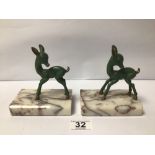 A PAIR OF SPELTER FAWNS ON MARBLE BASES