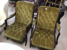 A PAIR OF VINTAGE ROSEWOOD SALON CHAIRS IN GREEN BUTTON BACK VELOR