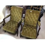 A PAIR OF VINTAGE ROSEWOOD SALON CHAIRS IN GREEN BUTTON BACK VELOR