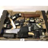 MIXED BOX OF CAMERAS AND ACCESSORIES, OLYMPUS 35RD AND MINOLTA DISC-7, AND MORE