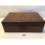 VICTORIAN ROSEWOOD AND BRASS BOUND RECTANGULAR WRITING SLOPE, 31CM