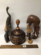 MIXED WOODEN CARVED ITEMS LIDDED POT, ANIMALS AND MORE