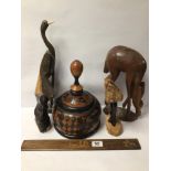 MIXED WOODEN CARVED ITEMS LIDDED POT, ANIMALS AND MORE