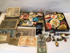 MIXED VINTAGE BADGES, COSTUME JEWELLERY AND NOTES