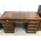 VINTAGE BURR WALNUT WRITING DESK WITH BROWN LEATHER TOP AND NINE DRAWERS