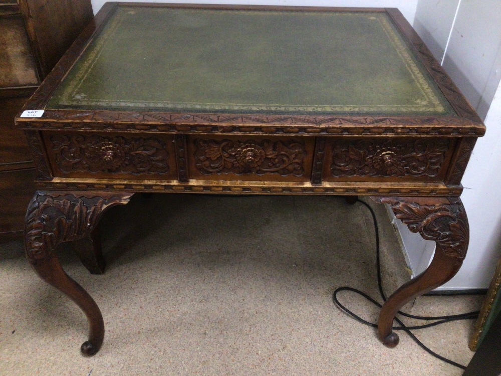 HEAVY CARVED OAK WRITING DESK WITH GREEN LEATHER TOP WITH THREE DRAWERS - Image 2 of 6