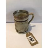 CIRCA 1810 TURNER POTTERY CUP WITH METAL RIM DECORATE WITH ARCHERY, 10.5CM