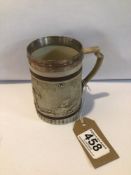 CIRCA 1810 TURNER POTTERY CUP WITH METAL RIM DECORATE WITH ARCHERY, 10.5CM