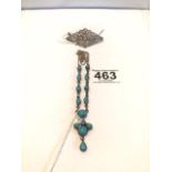 925 SILVER AND TURQUOISE NECKLACE WITH A FILAGREE FLORAL BROOCH WHITE METAL