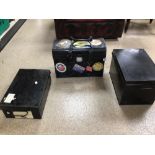 TWO BLACK METAL STRONG BOXES WITH A VINTAGE BLACK CARRY CASE
