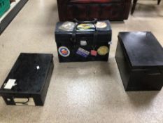TWO BLACK METAL STRONG BOXES WITH A VINTAGE BLACK CARRY CASE