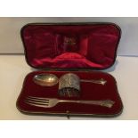 HALLMARKED SILVER CHRISTENING SET SPOON, FORK, AND NAPKIN RING CASED, 102GRAMS