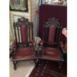 A PAIR OF ANTIQUE GOTHIC REVIVAL CHAIRS OAK AND LEATHER