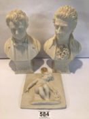 TWO BUSTS OF MOZART AND BRAHMS BY A.L FARO WITH A PLAQUE OF A CHILD AND A SMALL PLAQUE OF CHRIST,