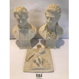 TWO BUSTS OF MOZART AND BRAHMS BY A.L FARO WITH A PLAQUE OF A CHILD AND A SMALL PLAQUE OF CHRIST,