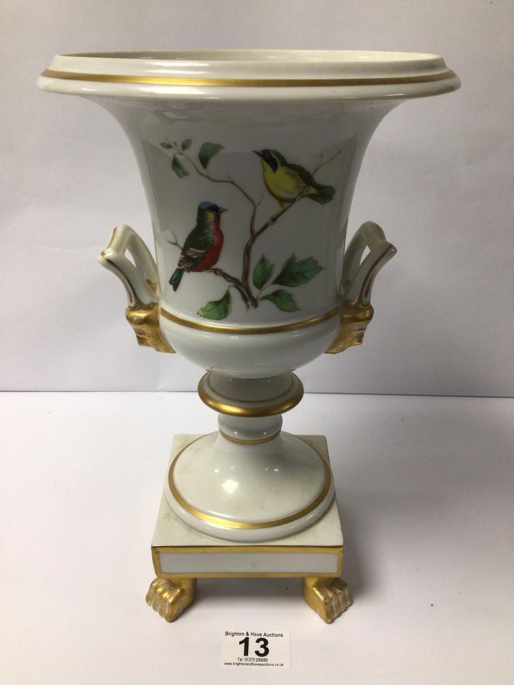 PORTUGUESE PORCELAIN TWIN HANDLED CAMPANA SHAPED VASE DECORATED WITH BIRDS WITHIN GILT BORDERS ON - Image 3 of 6