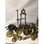 COLLECTION OF MOSTLY BRASS ITEMS, INCLUDES BOOKENDS, CANDLESTICKS, A FIGURINE, AND MORE