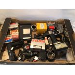 MIXED BOX OF CAMERA ACCESSORIES, LENS, FLASH, AND MORE