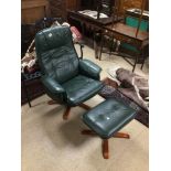 STRESSLESS STYLE GREEN LEATHER SWIVEL ARMCHAIR WITH MATCHING FOOTSTOOL