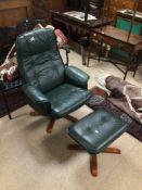 STRESSLESS STYLE GREEN LEATHER SWIVEL ARMCHAIR WITH MATCHING FOOTSTOOL