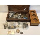 CARVED WOODEN BOX WITH SILVER CONTENT COINAGE ALSO WOODEN PEN AND INK DESK TIDY