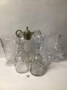 MIXED CUT GLASS ITEMS, EWER, AND DECANTERS