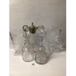 MIXED CUT GLASS ITEMS, EWER, AND DECANTERS