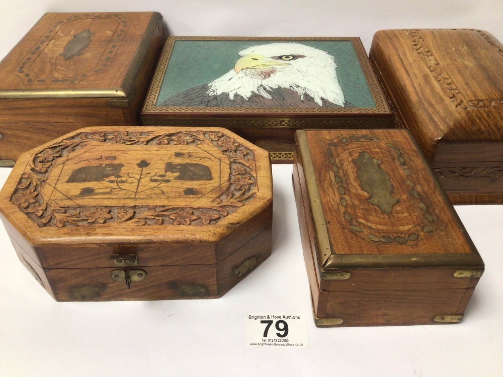 FIVE VINTAGE WOODEN BOXES, INCLUDES A BOX WITH AN EAGLE TO THE TOP - Image 6 of 7