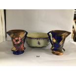 THREE CERAMICS, ART DECO JUGS BY H + K TUNSTALL, AND A CROWN DEVON BOWL