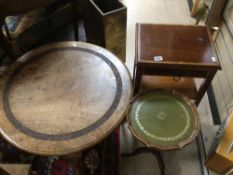THREE PIECES OF FURNITURE, ROUND TABLE WITH CARVING, WINE TABLE AND SIDE TABLE WITH DRAWER