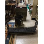 THREE BRASS ITEMS, FENDER, UMBRELLA STAND, AND LOG BOX WITH LION HANDLES AND PAW FEET