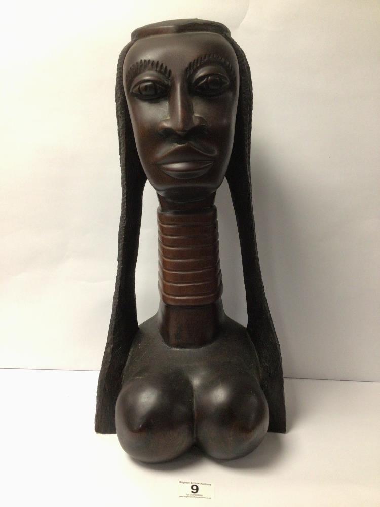 LARGE AFRICAN CARVED WOOD OF A FEMALE BUST, 47CM