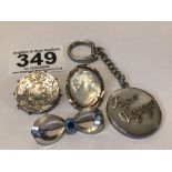 THREE SILVER BROOCHES & KEY RING, 28G