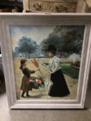 FRAMED OIL ON BOARD OF A YOUNG GIRL GIVING A LADY FLOWERS IN THE PARK, 64 X 74CM