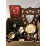 BOX OF VINTAGE RIFLE CLUB TROPHIES, MEDALS, AND SHIELDS INCLUDES SOME MILITARY
