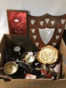 BOX OF VINTAGE RIFLE CLUB TROPHIES, MEDALS, AND SHIELDS INCLUDES SOME MILITARY