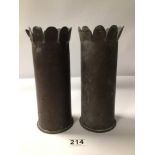 PAIR OF WWI TRENCH ART SHELL CASINGS, ONE WITH MARKINGS. BEING 23CM IN HEIGHT