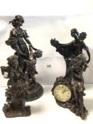 THREE VINTAGE RESIN FIGURAL GROUPS, THE LARGEST 46CM WITH A FIGURAL CLOCK