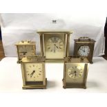 FIVE VINTAGE BRASS CLOCKS, ANGELUS ELECTRONIC, CHURCHILL ACCTIM AND MORE