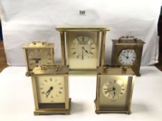 FIVE VINTAGE BRASS CLOCKS, ANGELUS ELECTRONIC, CHURCHILL ACCTIM AND MORE