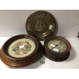 RAWLINGS BROS STEAM GAUGE WITH A VICTORIAN TAPESTRY ON CASTORS AND A BRASS AND COPPER EASTERN