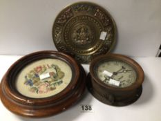 RAWLINGS BROS STEAM GAUGE WITH A VICTORIAN TAPESTRY ON CASTORS AND A BRASS AND COPPER EASTERN