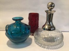 TWO ART GLASS VASES AND A PLATED DECANTER WITH STOPPER, ONE VASE STAMPED MDINA. LARGEST BEING 23CM