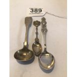 HALLMARKED SILVER MUSTARD SPOON W/ TWO CONTINENTAL WHITE METAL SPOONS, 30G