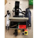 A COLLECTION OF CAMERA LENSES, ACCESSORIES, AND CAMERA STANDS/TRIPODS. INCLUDING A KOBORON ZOOM